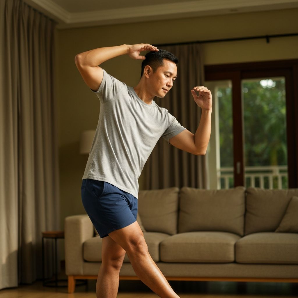 Pria melakukan aktivitas ringan di rumah